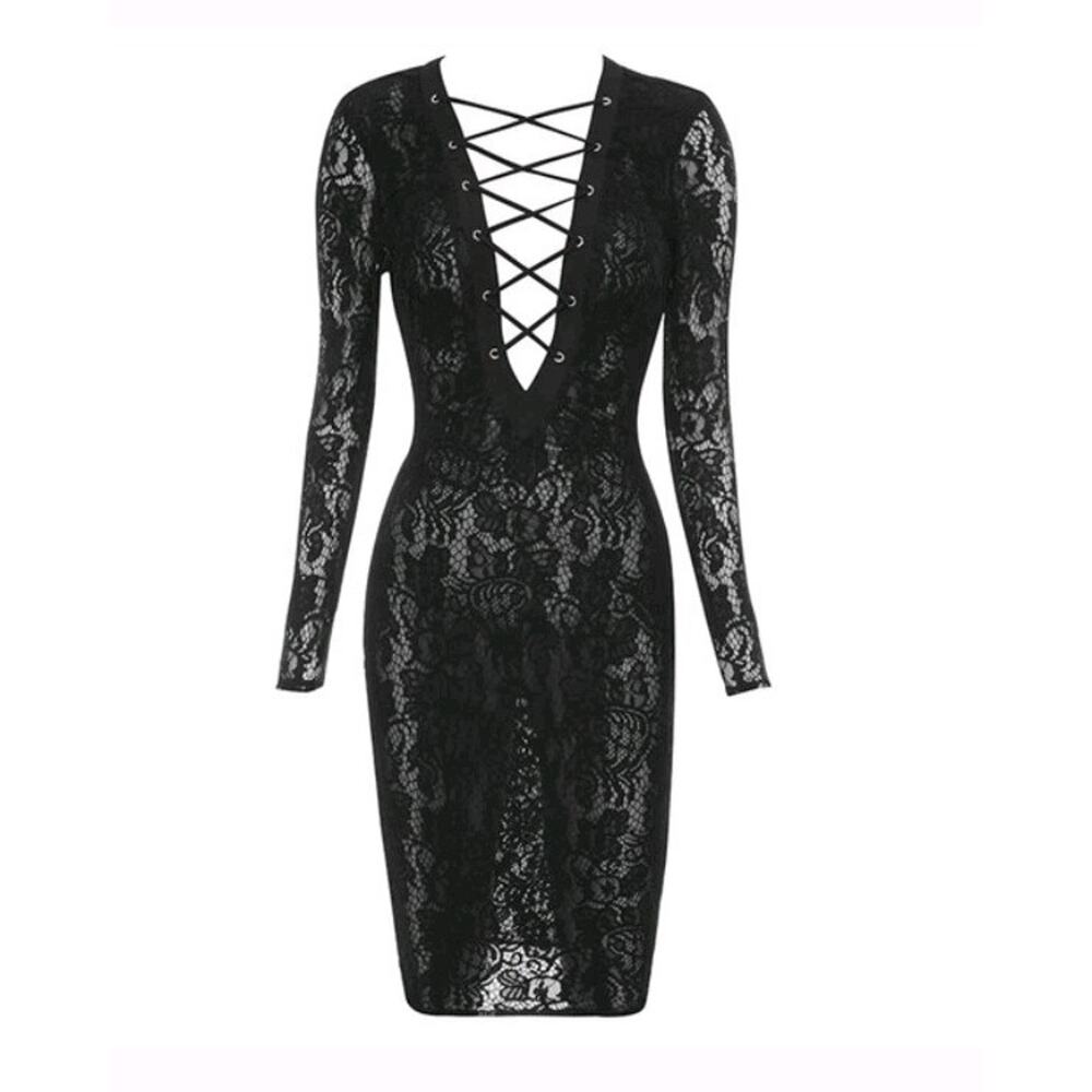 House of CB London Anchi Black Sheer Lace Bodycon Dress Sz Medium **3/4 Sleeves